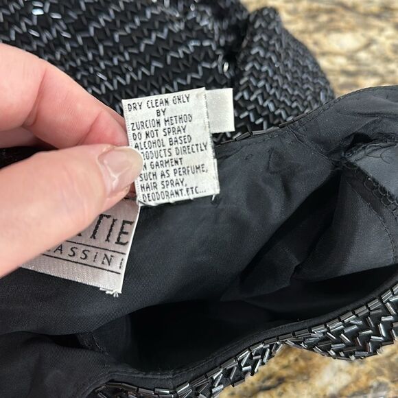 Black Tie Oleg Cassini Vintage Silk Black Beaded Evening Top Blouse Size 12 - Picture 4 of 7